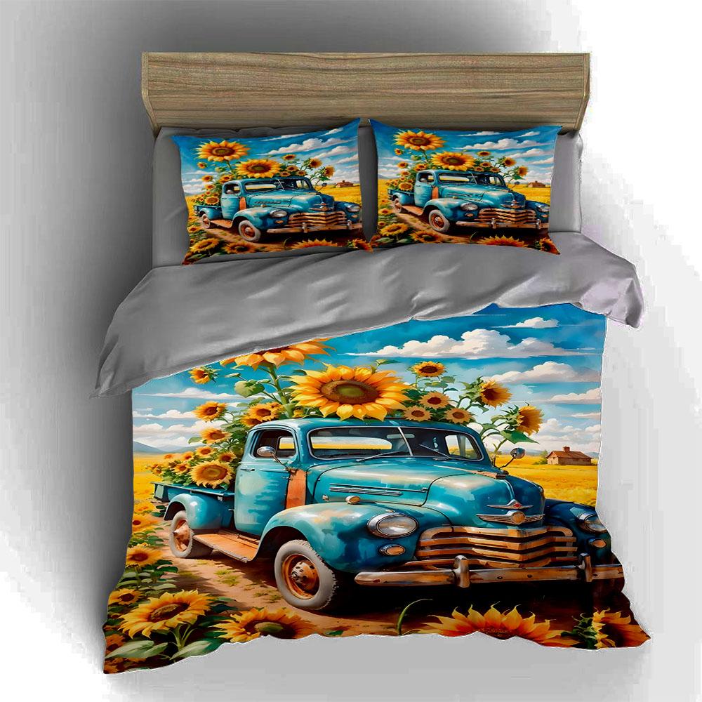 Vintage truck sunflowers Bedding Duvet cover sets Duvet covers Pillowcases gifts (1 * Duvet Cover 2 * Pillowcases, without duvet insert)