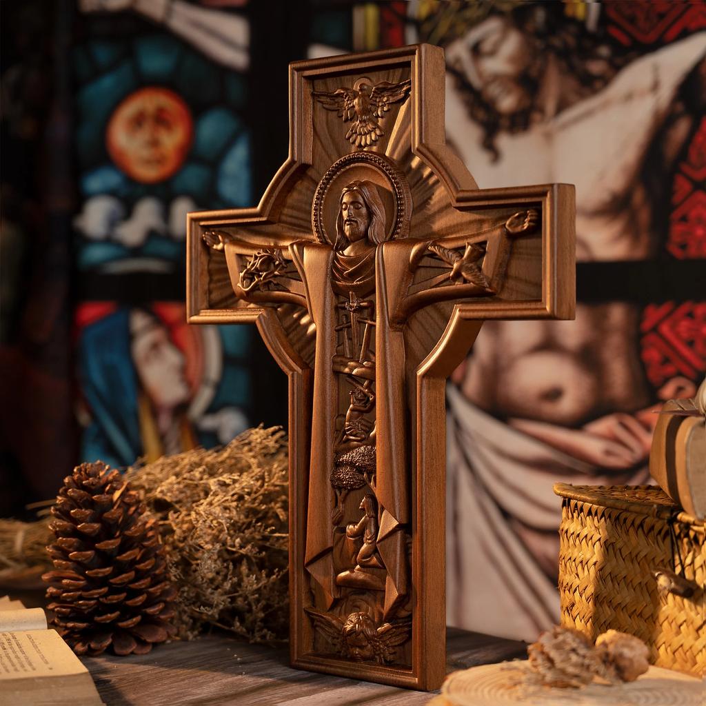 Винтажная статуя Иисуса, пасхальный католический крест, украшение для стен, христианские поделки из дерева, религиозный подарок на крещение