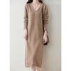 Temperament Style Basic V-neck Sweater Skirt Women's Autumn and Winter Long Side Split Fork New Solid Color Primer Dress