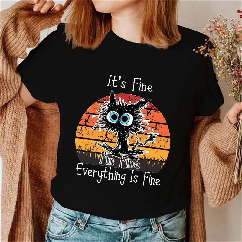 It's Fine, I'm Fine, все прекрасно, женские модные футболки с принтом, футболки с забавным принтом кота, женские футболки, женские футболки