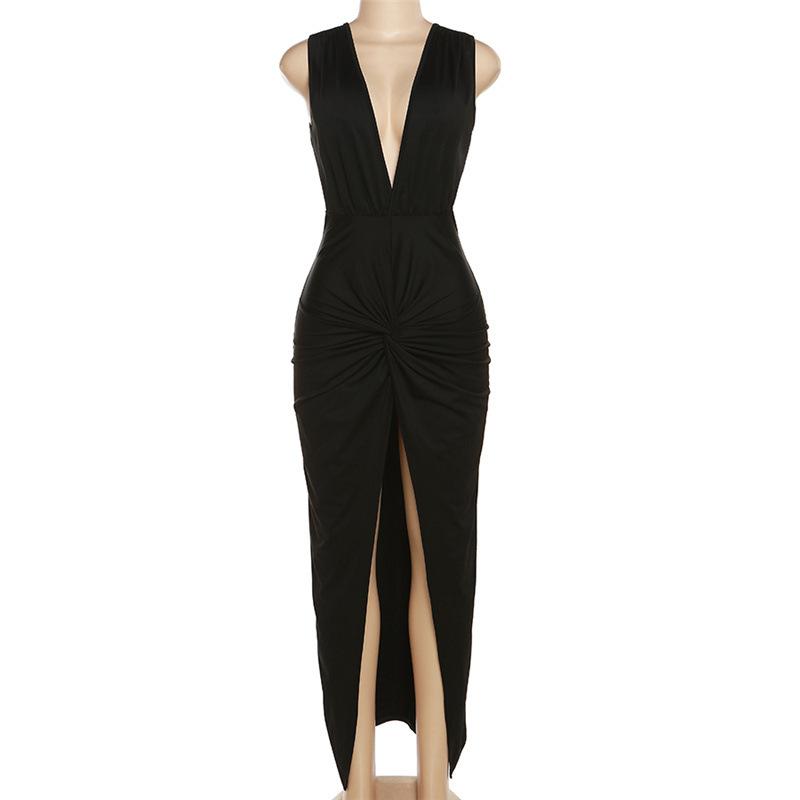 Женское элегантное летнее сексуальное платье макси без рукавов с глубоким v-образным вырезом и рюшами и разрезом