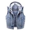 Fall Spring Lady Denim Coat Single-breasted Sleeveless Hooded Pockets Loose Jacket Drawstring Short Type Daily Wear Waistcoat