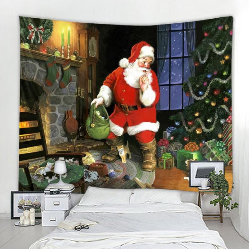 Christmas Decorative Tapestry Red Santa Claus Christmas Tree Fireplace Art Wall Hanging Home Holiday Wall Blanket Tapestries