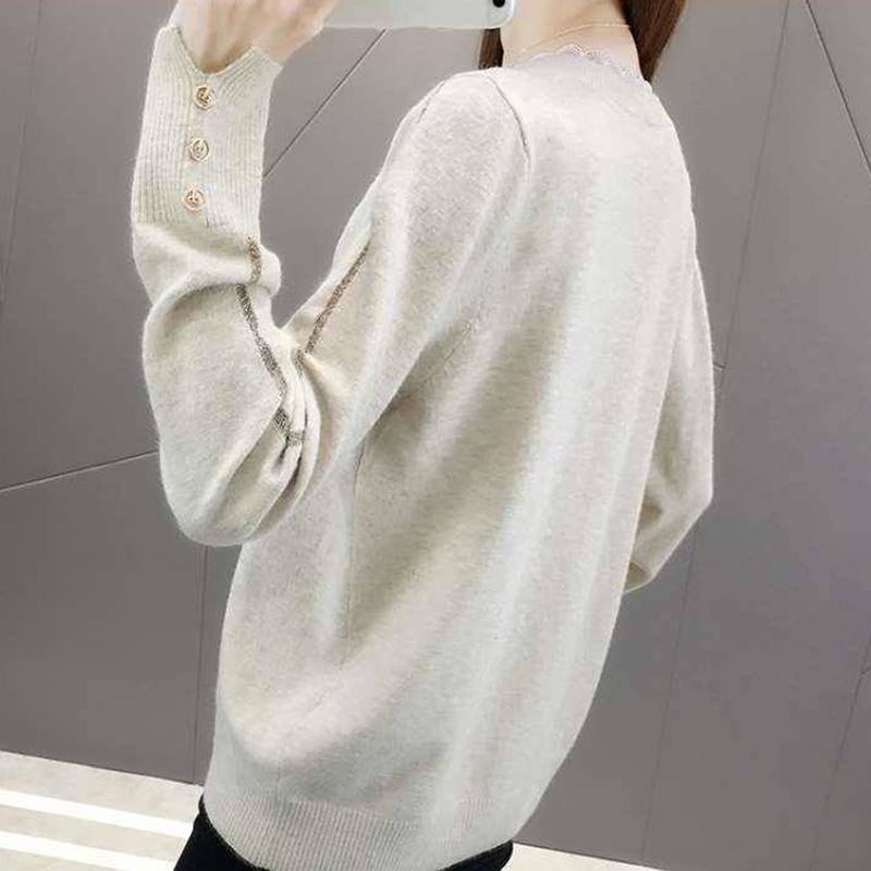 Pofulove Women Lace Round Neck Button Long Sleeve Sweater Slim Warm Pullover Undershirt Sweatshirts