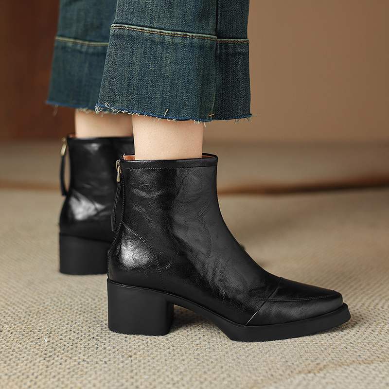 Krazing Pot Cow Skin Winter Round Toe Chunky Heels Fashion Boots Women Zipper Retro Elegant Women Ankle Boots