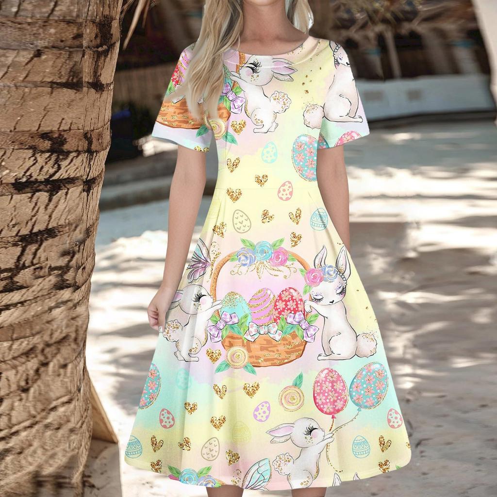 Женское повседневное модное платье с пасхальным принтом, круглое платье с коротким рукавом и талией, средней длины (с молнией)