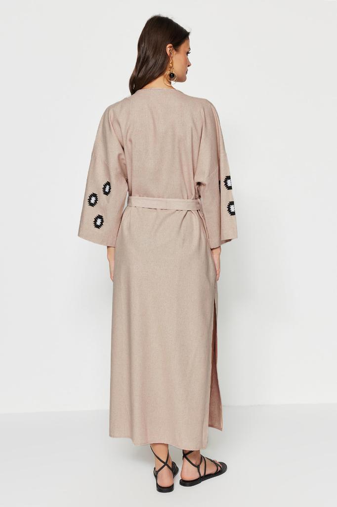 Women's Fashion New Kimono&Kaftan Beige Belted Maxi Woven Embroidered Linen Blended 100% Cotton KimonoKaftan