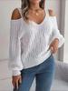Осень-зима Повседневный однотонный свитер с жареным тестом и открытыми плечами Длинный пуловер с рукавами-фонариками Синий Белый Женская одежда