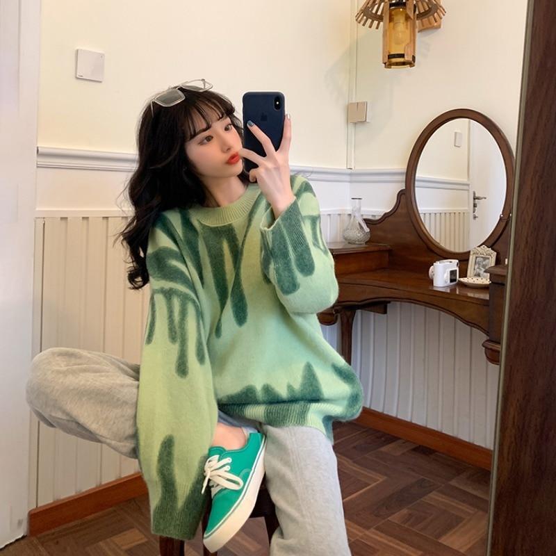 Striped Tie Dyed Pullover Knitted Sweater Women Autumn Long Sleeve Loose Sweaters Casual Winter Wool Jumpers Women 28391