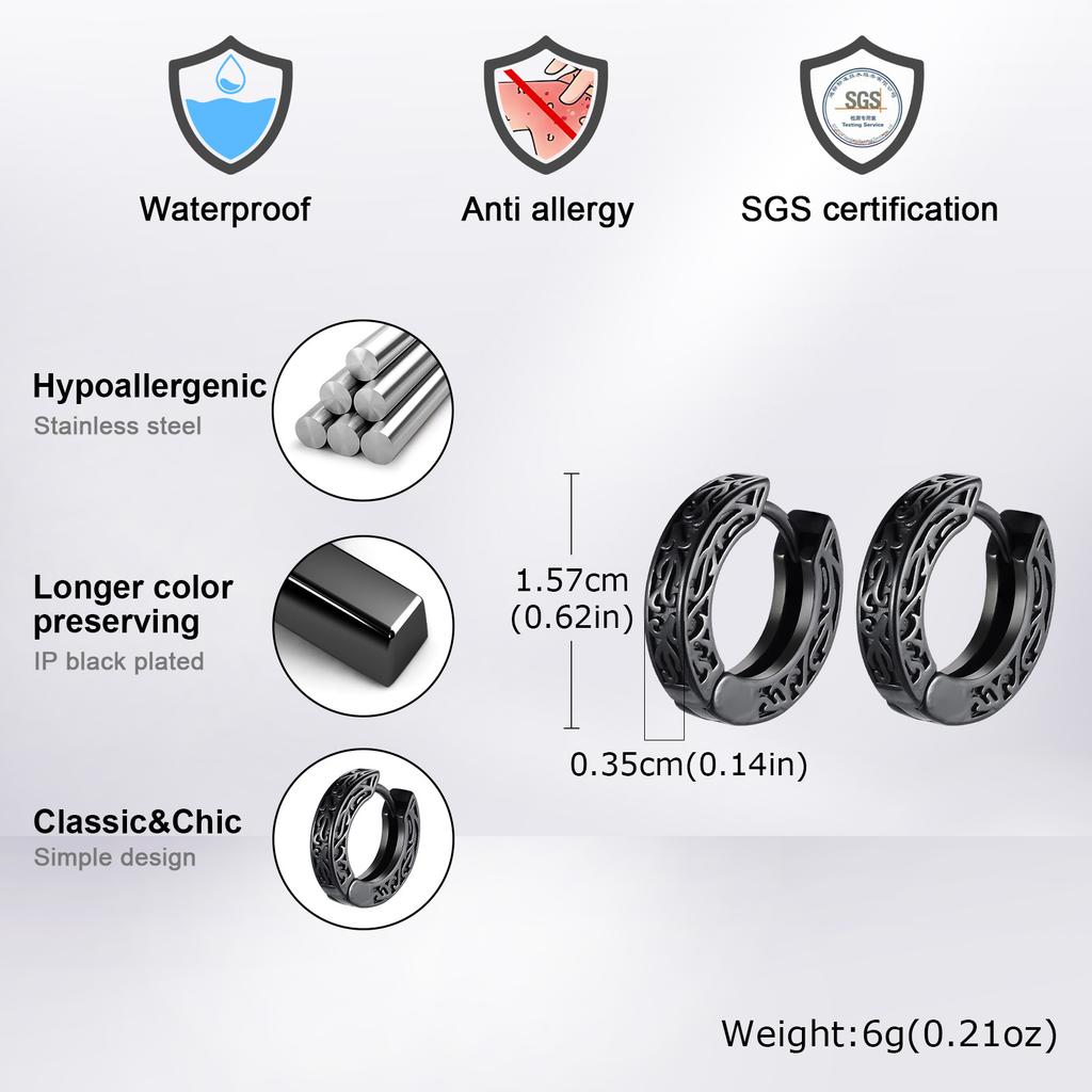 Totem Hoop Earrings for Men Teens,Black Anit Allergy Stainless Steel Huggies Earrings,Rock Punk Ear Zircon