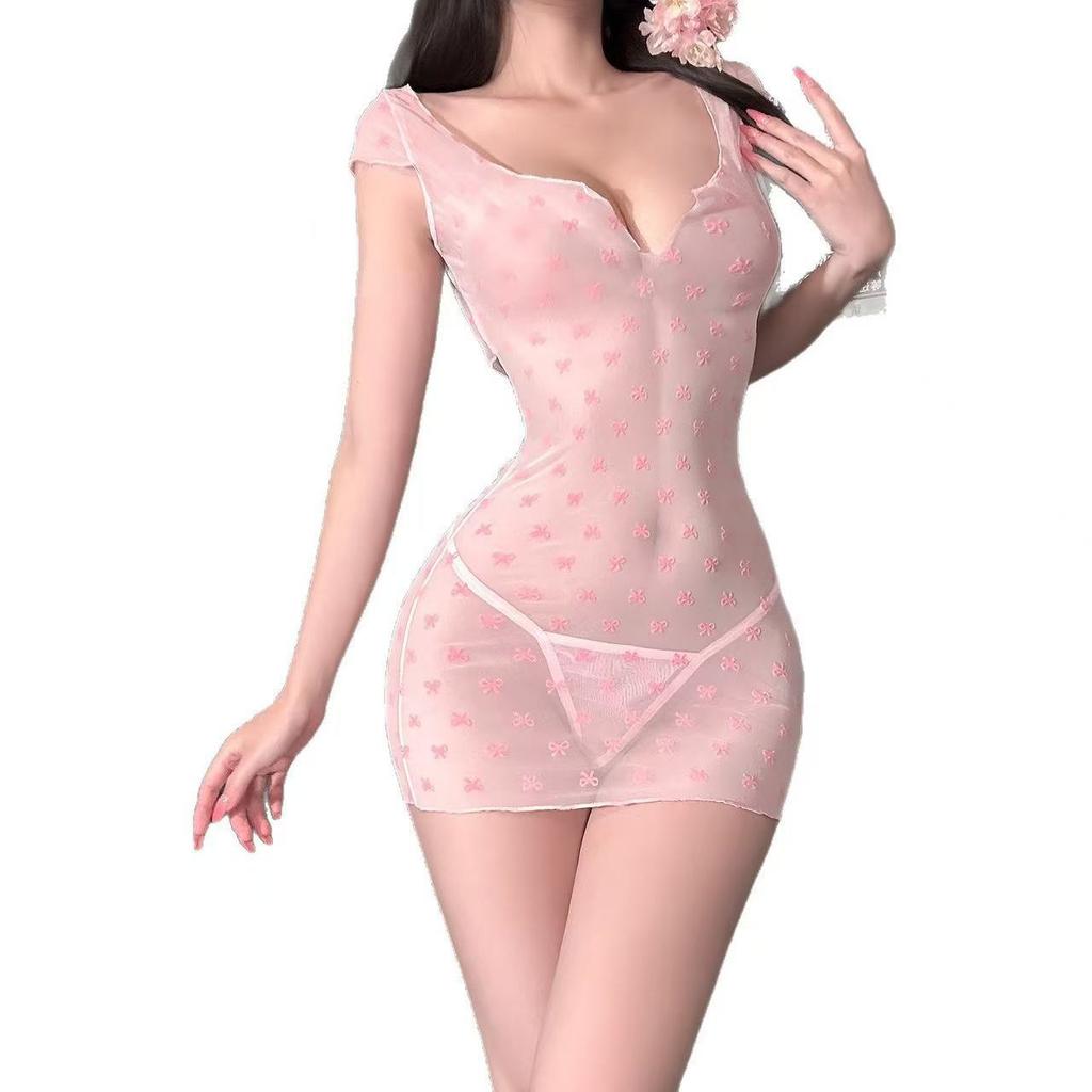 Sleeping pink soft yarn bow perspective female sexy deep V-wrapped hip skirt to avoid pure desire