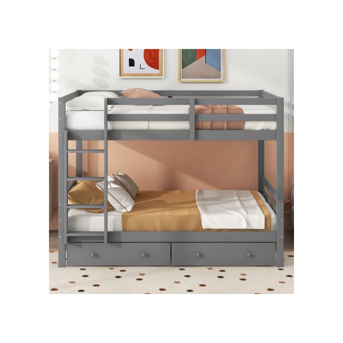 Lits superposés - MUVOE - 140x200cm - Gris - Avec tiroirs - Construction robuste