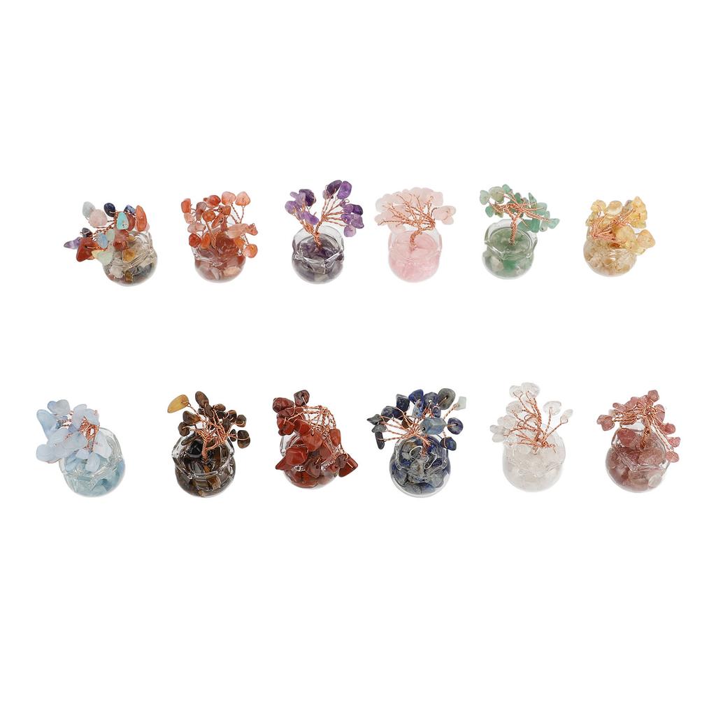 12PCS Mini Tree Figurine Crystal Leaves Glass Bowl Feng Shui Tree Ornament for Home Car Office Desk