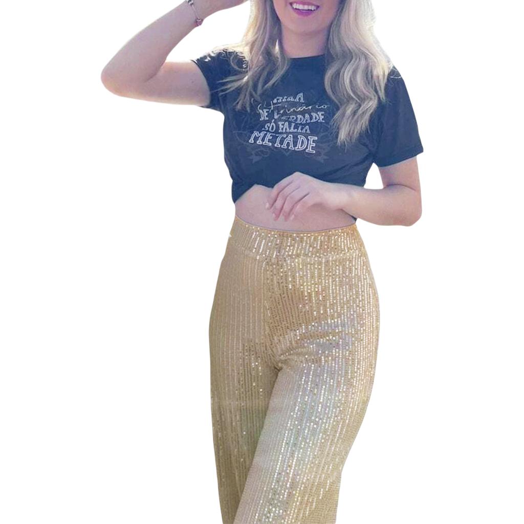 Women Wide Leg Pants, Elegant Shiny Sequined High Waist Loose Trousers for Club Party