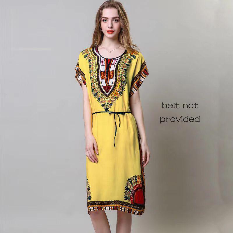 Летнее платье из хлопка и шелка. Прохладное и удобное платье средней длины с принтом. Свободное повседневное женское платье в этническом стиле с короткими рукавами.