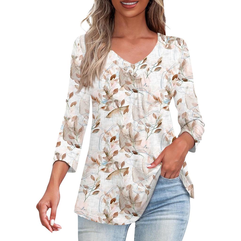 Shirts For Women Trendy V Neck Button T Shirts Casual Printed Summer Tees T Shirt Blouse Three Quarter Sleeve Tops For Women