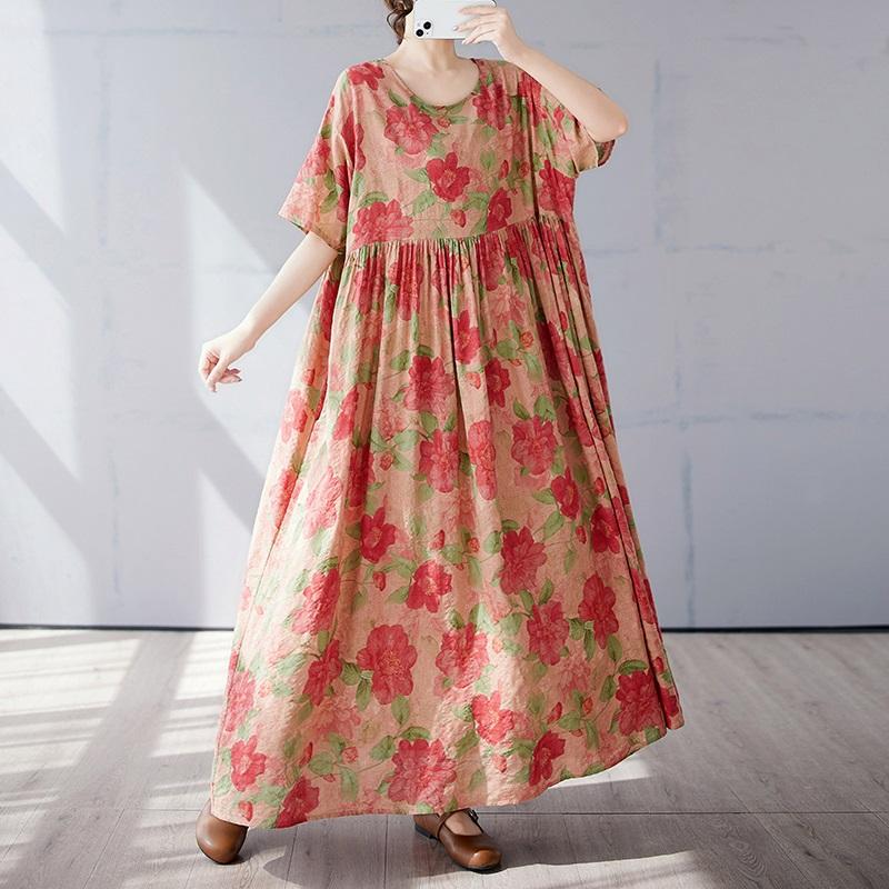 Новое хлопковое винтажное платье с цветочным принтом больших размеров с коротким рукавом для женщин, повседневное свободное длинное летнее платье