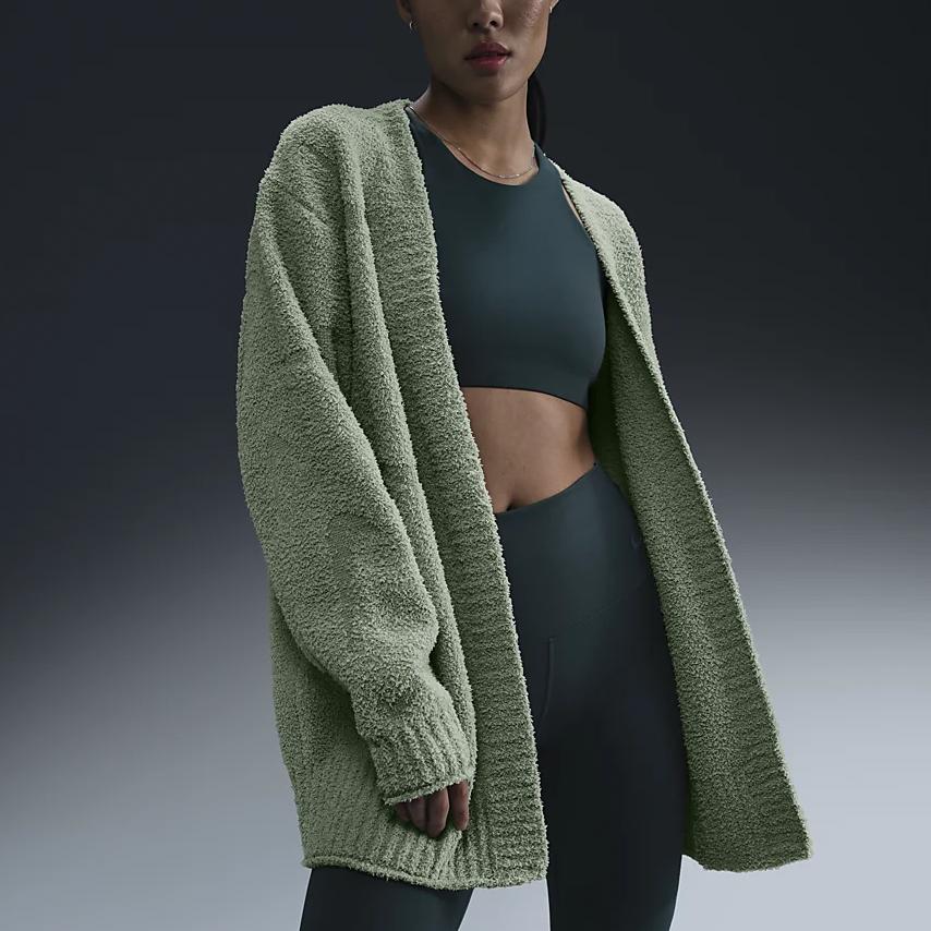 Nike Кардиган Phoenix Cozy букле Свободный Трикотажный свитер с длинным рукавом Женские топы Горизонтально-зеленый FZ1712370