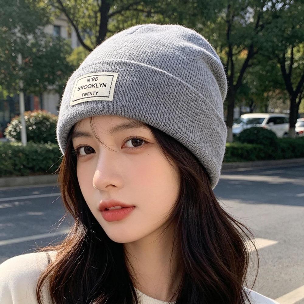 Letter Patch Pullover Cap Solid Color Crochet Hats Fashion Knitted Hat Men