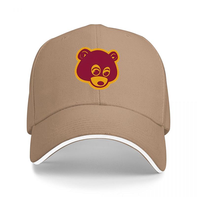 Bear Face Logo Black Baseball Cap with Yellow Outline and White Trim Adjustable Fit for Casual Wear and Outdoor Activities