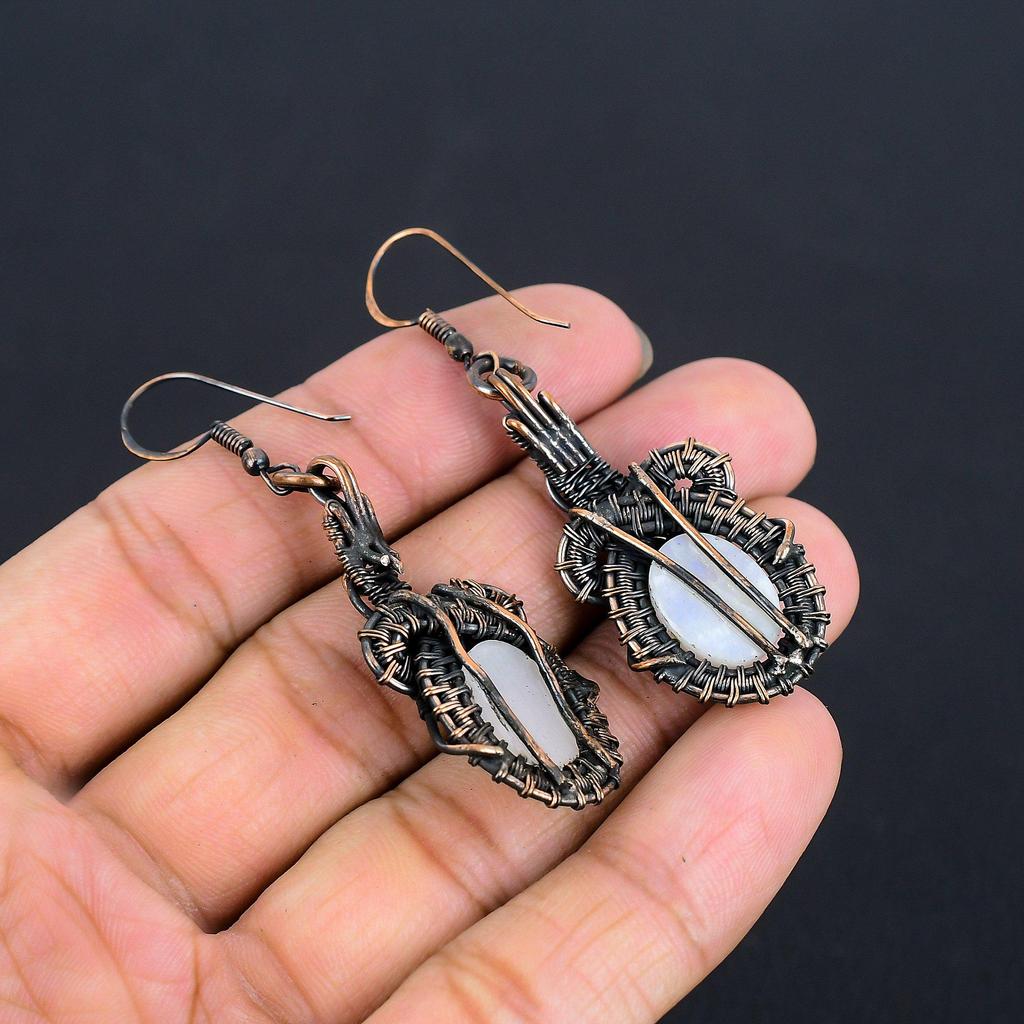 Rainbow Moonstone Earrings Gemstone Jewelry, 999 Copper Wire Wrapped Earrings, Handmade Beautiful Jewelry Earrings