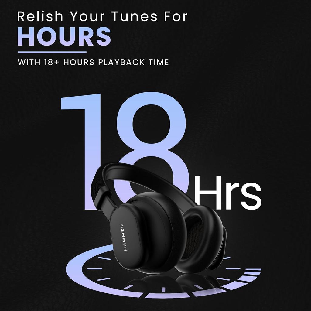 Hammer Bash Max Over The Ear Wireless Bluetooth Headphones with Mic, Touch Control, Deep Bass, Upto 18 Hours Playtime, Bluetooth 5.3 (Black)