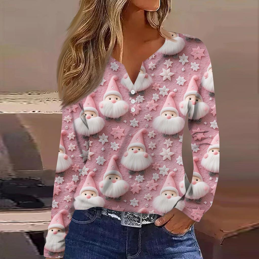 Женская модная повседневная футболка с V-образным вырезом, на пуговицах, с длинным рукавом, с рождественским принтом