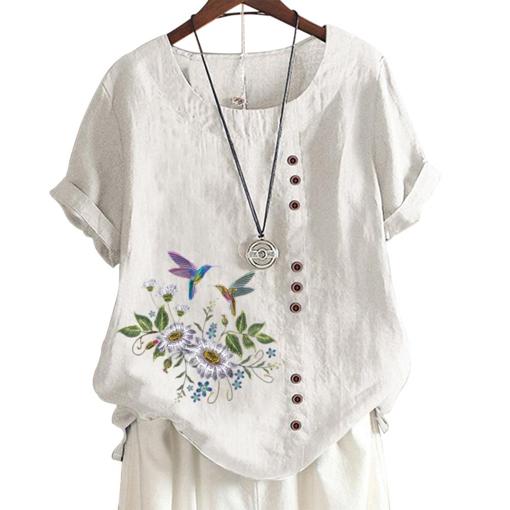 Женская хлопково-льняная повседневная футболка с милым животным принтом, круглым вырезом и короткими рукавами, украшение на пуговицах, S-5XL