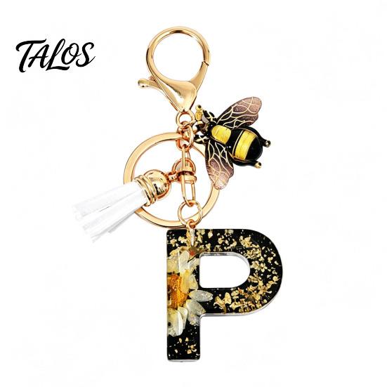 Talos Black Series Keychain Pendant, Dried Flower Initial Letter Charm Key Chain with Bee Tassel Design, A-Z Holder for Bag Purse Backpack