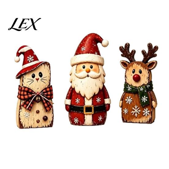 Vintage Santa Claus Elk Cat Figurines Christmas Wooden Tabletop Figurine, Hand Painted Reindeer Decor, Rustic Tiered Tray Display Accents Wood Holiday