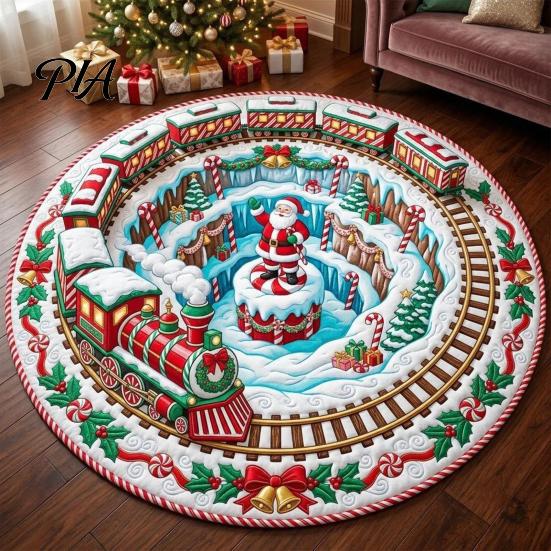 Holiday Welcome Rug for Entryway Round 3D Christmas Rug, Vortex Optical Illusion Area Santa Snowman Staircase Versatile Mat Depth Pattern, Non-slip