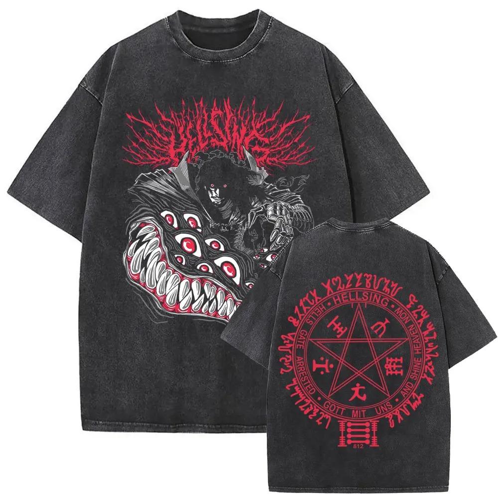 Hot Sale Anime Hellsing Abraham Van Helsing Vampire Alucard Print Tshirt Men Women Vintage Washed Cotton Summer Tee Oversize Top