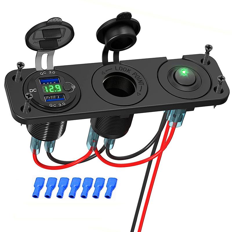Гнездо питания из алюминиевого сплава Dual Quick Charge 3.0 с тумблером-переключателем и светодиодным вольтметром для автомобиля, лодки 12-24 В
