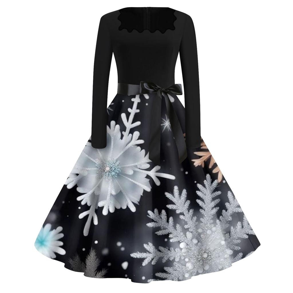 Женская мода с квадратным вырезом, повседневные тонкие рождественские платья с длинным рукавом и принтом