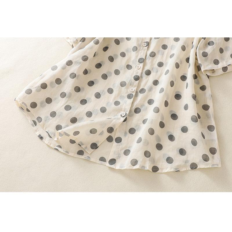 Летняя рубашка в горошек из хлопка и льна с принтом, кардиган с короткими рукавами и лацканами, рубашка, топ для женщин, блузки и рубашки