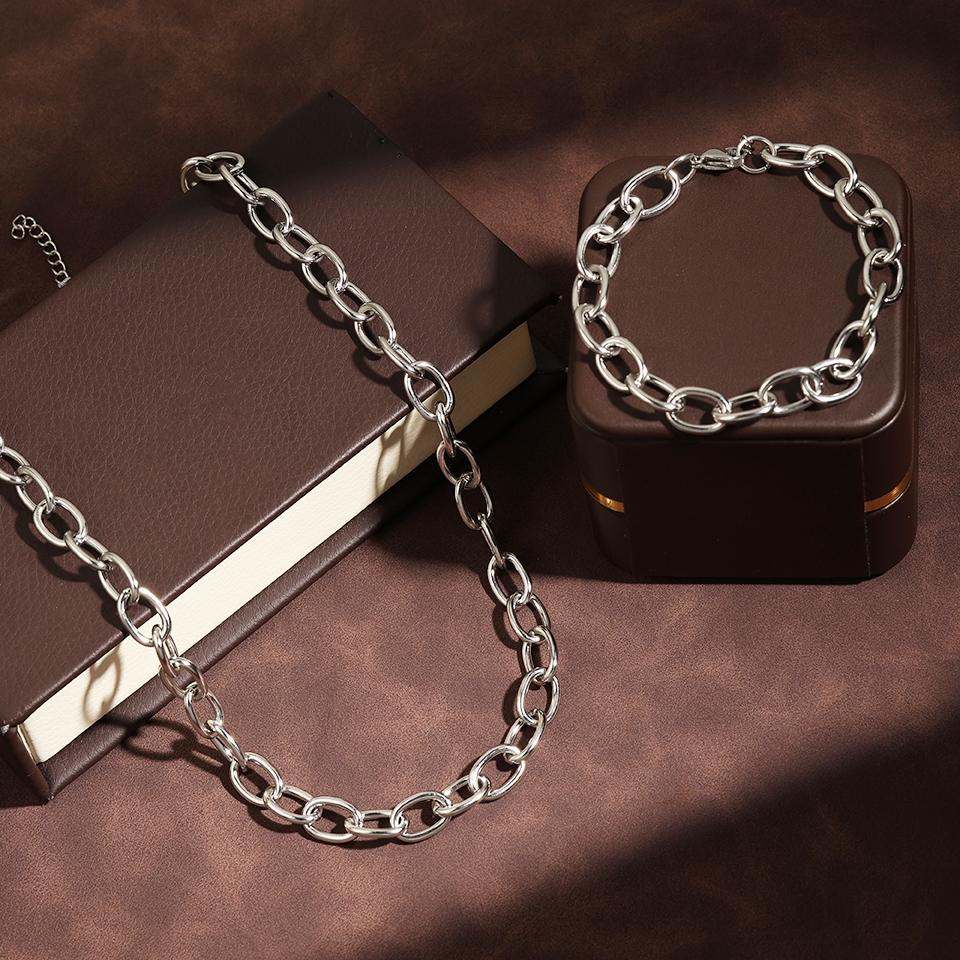 Htpwe Stainless Steel Glossy Chain Bracelet Necklace Set For Women 18k Gold Couple Holiday Gift Set Party Daily Zircon