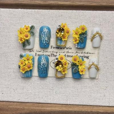 Квадратные накладные ногти миндалевидной формы, французский маникюр с 3D-дизайном, акриловые ногти с полным покрытием на клеевой основе, искусственные накладные ногти для женщин