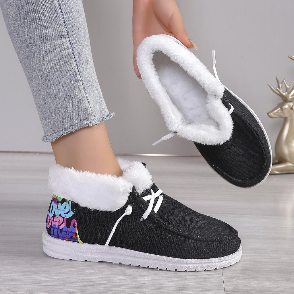 Retro Comfortable Women Plush Lined Snow Boots Sunflower Shoes Print Cozy Slip On Shoes Fuzzy Canvas Shoes Thermal Ankle Boots