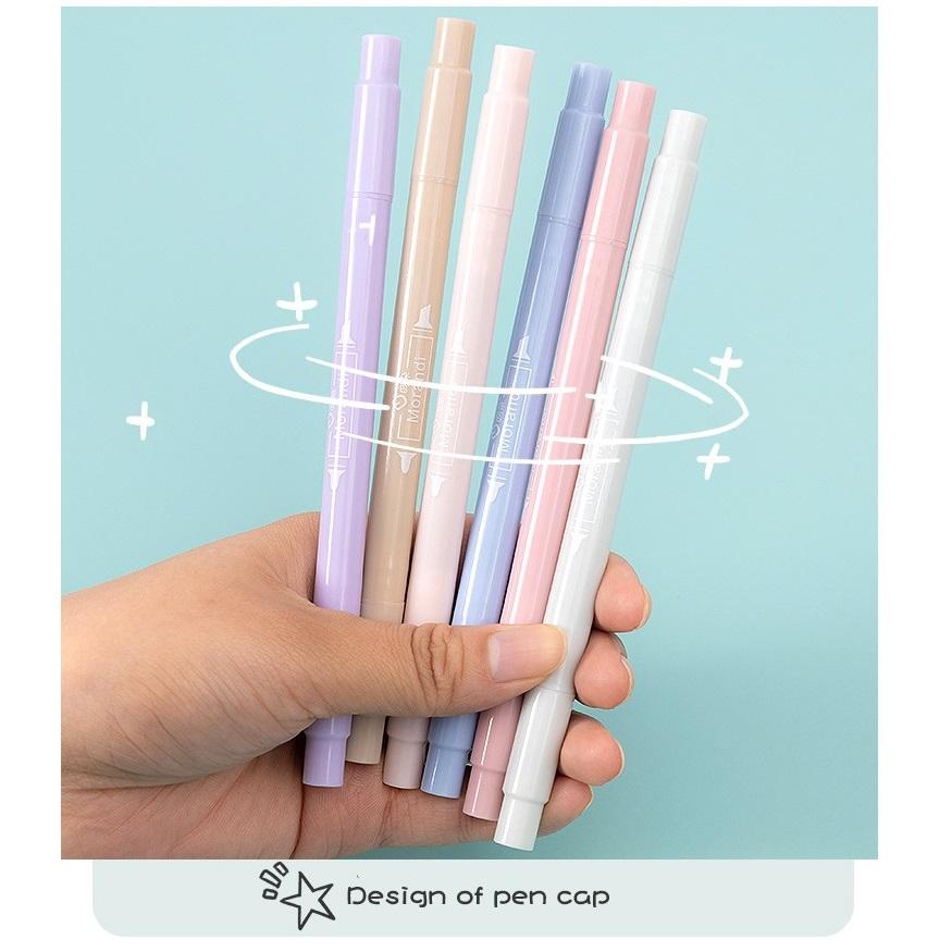 6pcs Light Color Highlighter Marker Pen Set Double Ended Oblique / Brush Tip Spot Liner Drawing Painter Office School