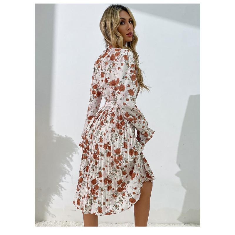 YYFS Women's Fashion Spring Fall Flower Pattern Print Long Sleeve Half Turtleneck High Waist Casual Dresses