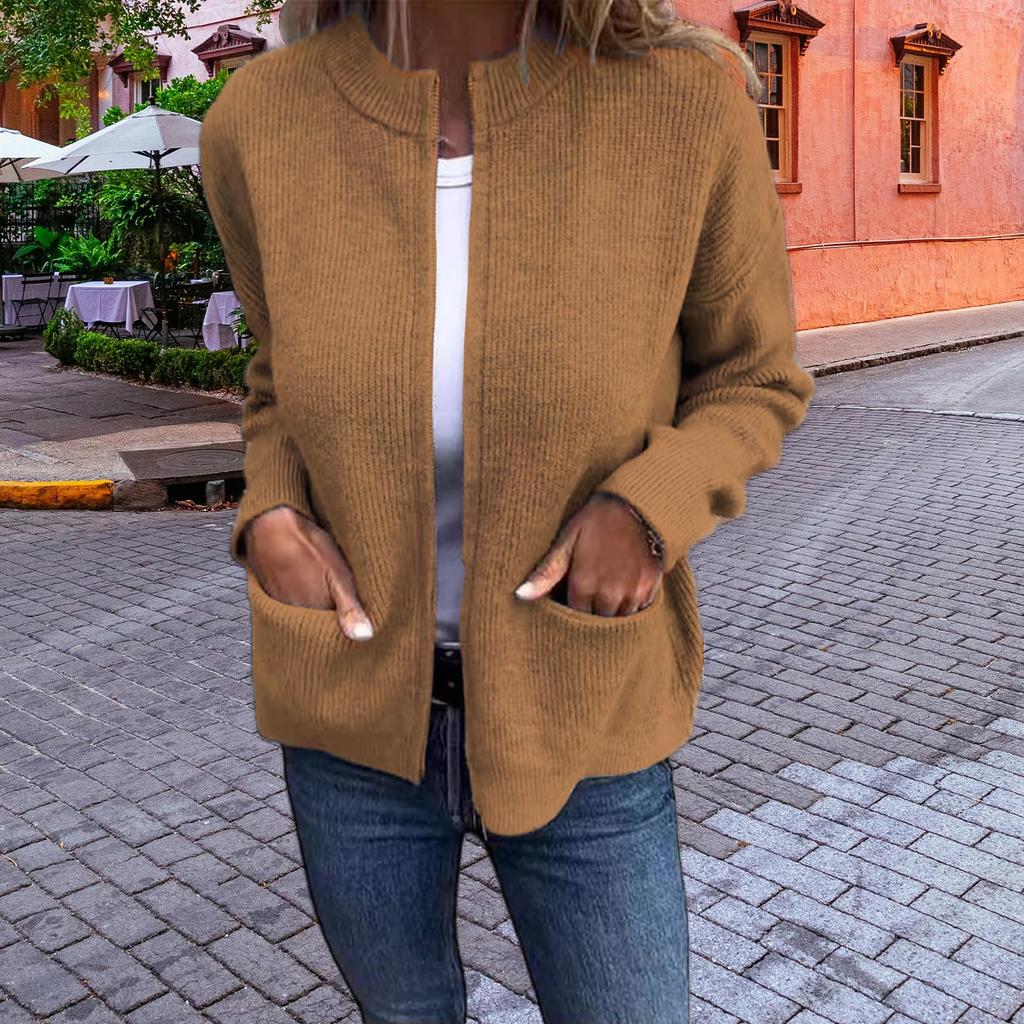 Женская модная однотонная куртка с длинными рукавами, воротником-стойкой, застежкой-молнией, свободного кроя, с карманами, повседневная куртка