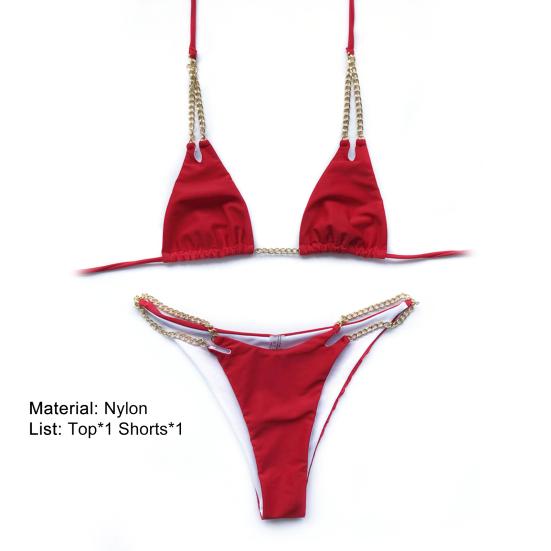 Women Metal Chain Lacing Halter Bra Swimsuit Bikini Triangle Underwear Set for Swimming