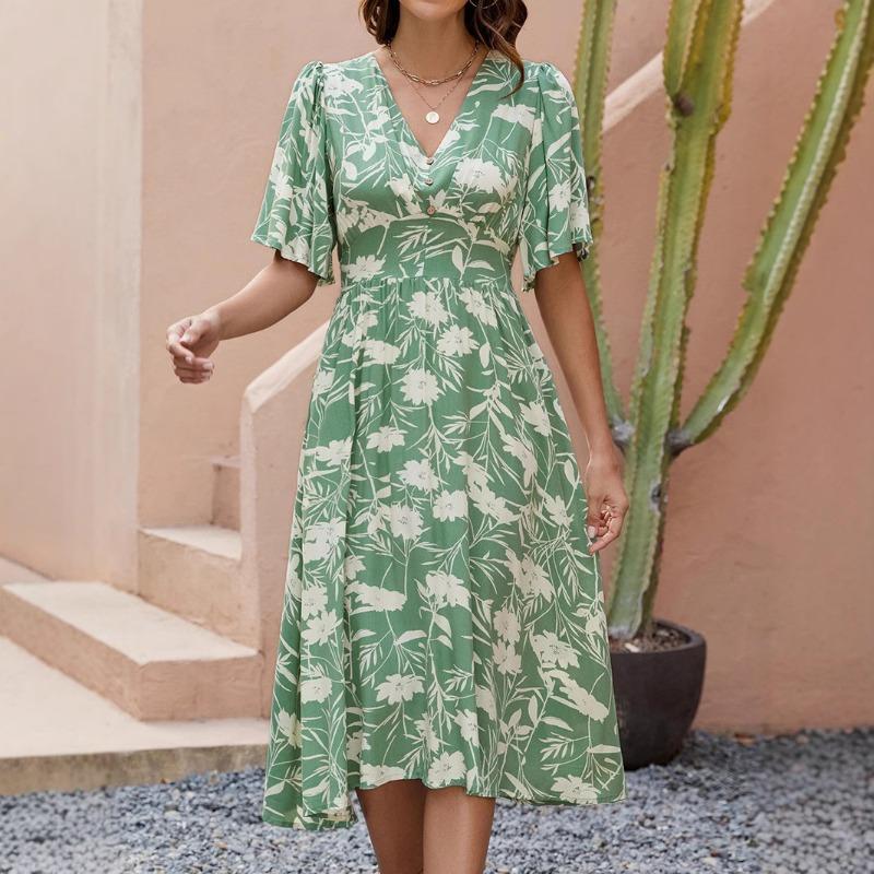 Женское платье с принтом, V-образным вырезом и коротким рукавом, пляжное платье в стиле бохо