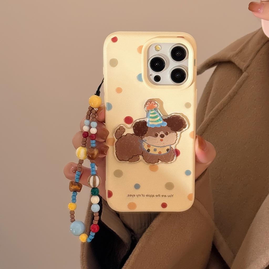 For Apple 16 Mobile Phone Case 17 Korean Style Polka Dot Three-dimensional Puppy for IPhone 13 Hanging Chain 15 Promax Soft Case 12