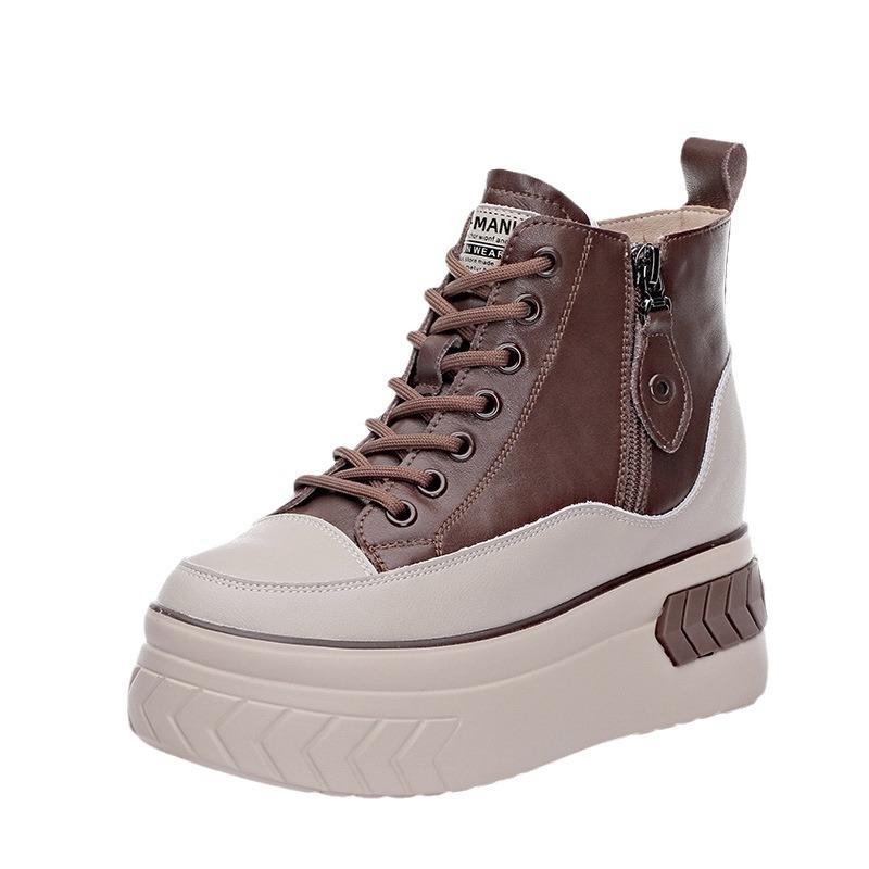 Board Shoes Cowhide Autumn New Muffin Single Shoes High Heel Thick Sole Inner Height Increase Casual High Top Shoes Short Boots Women's Shoes