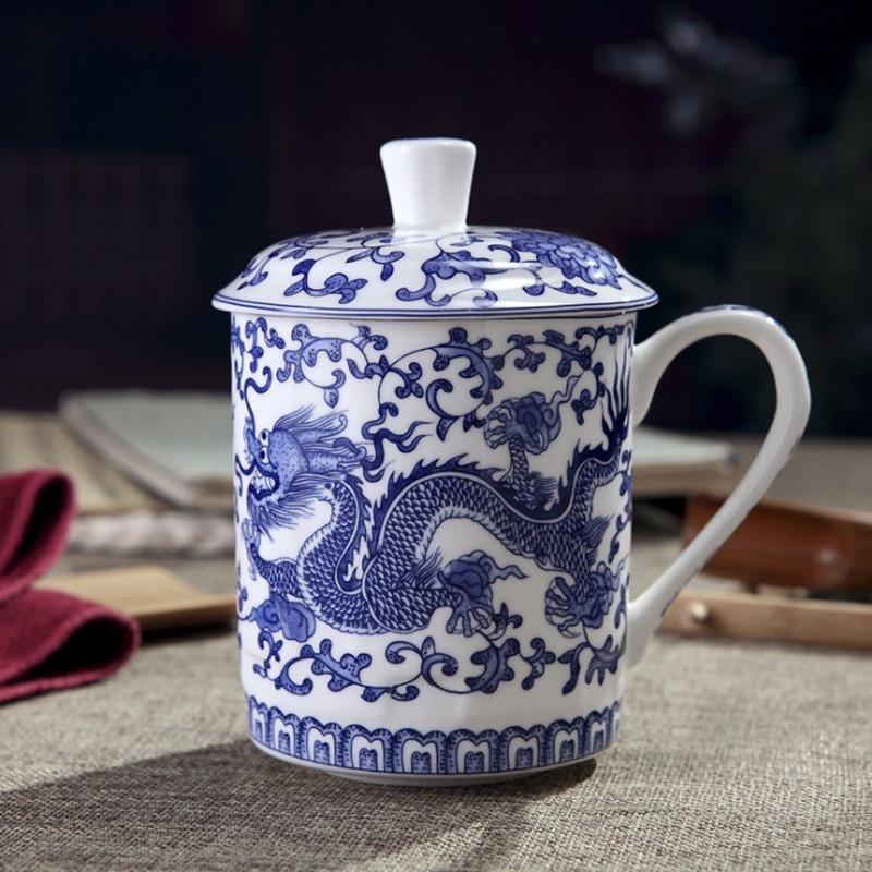 Jingdezhen Blue and White Porcelain Mug 500ml Chinese Dragon with Lid for Office Tea and Coffee