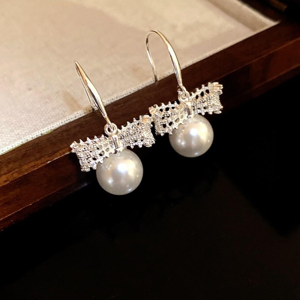 Shell Beads Bow Pearl Long Earrings Simulation Freshwater Pearl Ear Hook Drop Earrings Female