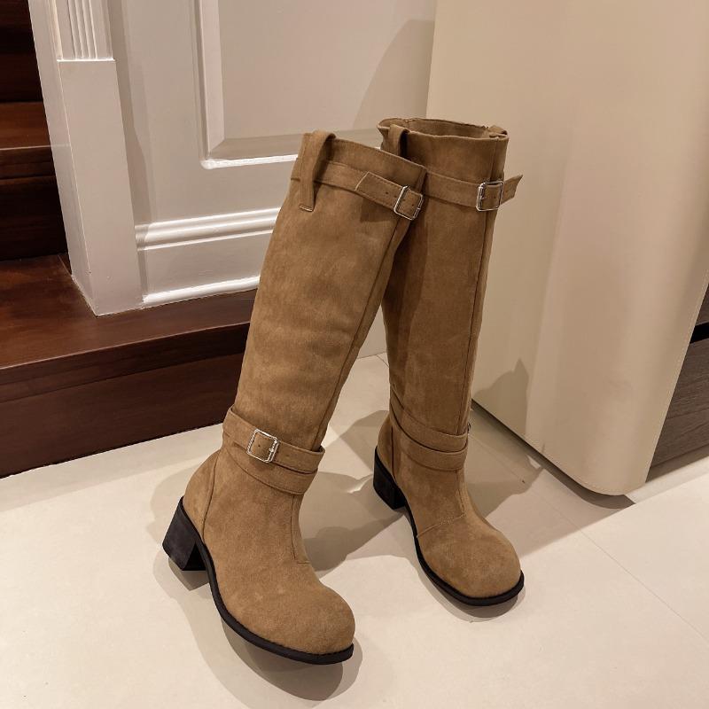 Весна и осень, хит продаж, женские сапоги, модные, с круглым носком, однотонные, на среднем каблуке, с пряжкой на рукаве, женские высокие сапоги