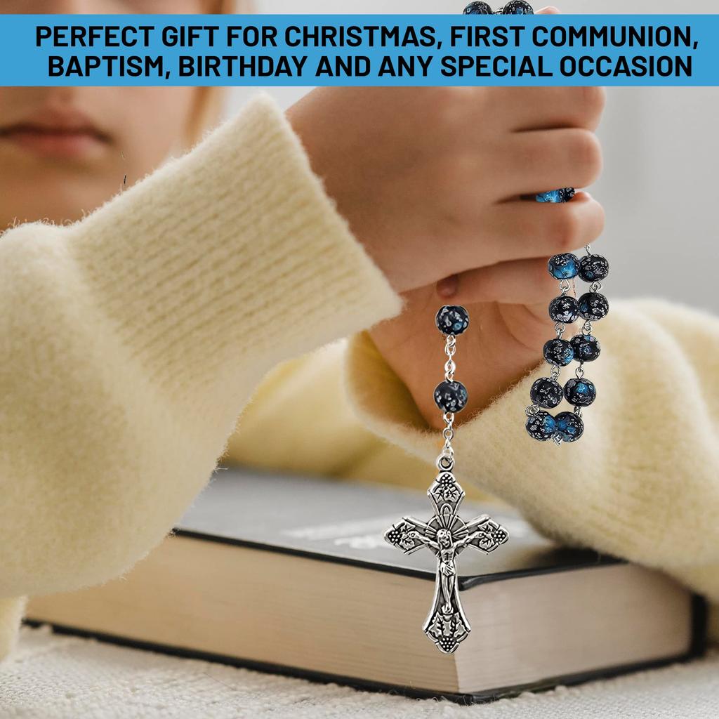 TALISMAN4U Католическое ожерелье из четок, синие стеклянные бусины, медальон «Бог, милосердие», крест Иисуса, религиозный подарок, стеклянная коробка,