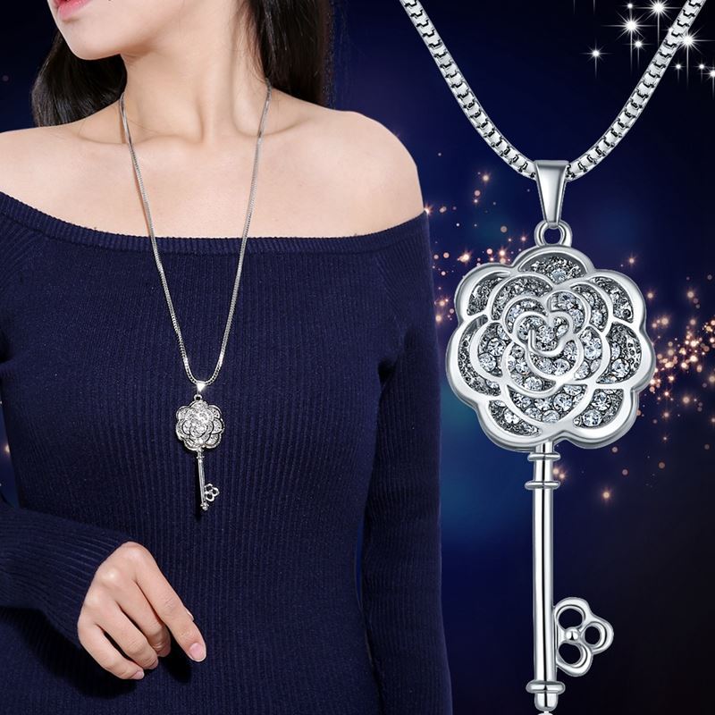 Изысканный кулон с ключом в виде розы, длинная цепочка, ожерелье, универсальная цепочка для одежды, женские украшения